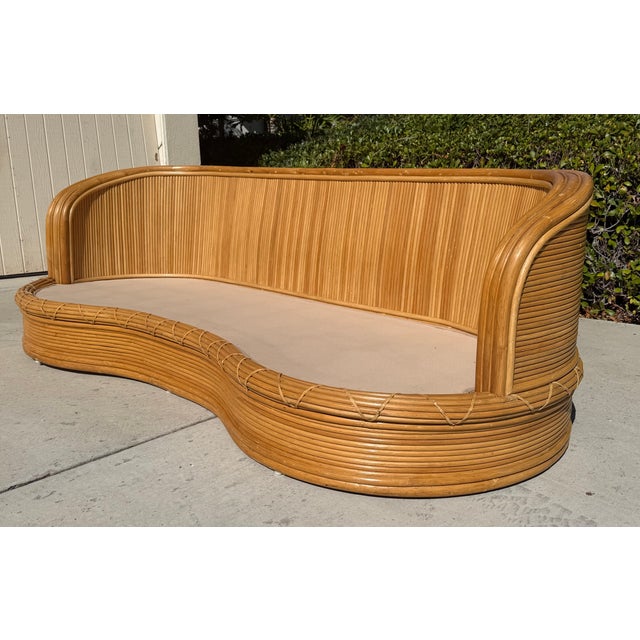 1980s Vintage Curved Pencil Reed Rattan Sofa, With New Sunbrella Upholstery For Sale - Image 11 of 14