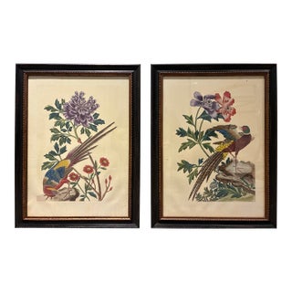 Pair of Vintage Chinoiserie Pheasant & Floral Botanical Prints in Black & Gold Frames For Sale