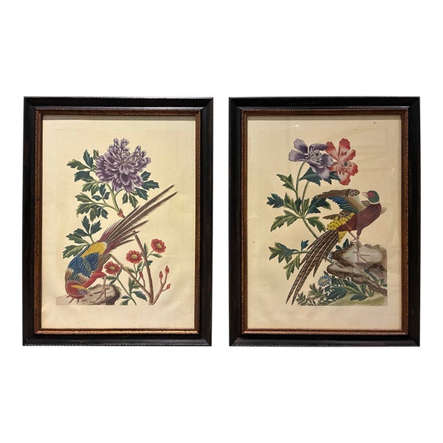 Pair of Vintage Chinoiserie Pheasant & Floral Botanical Prints in Black & Gold Frames For Sale