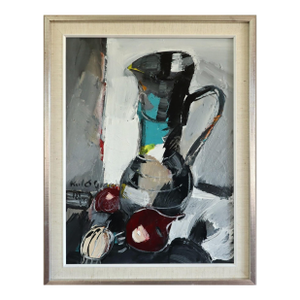Mid-Century Modern 'Pitcher With Onions' Vintage Swedish Expressive Still Life Oil Painting, Framed