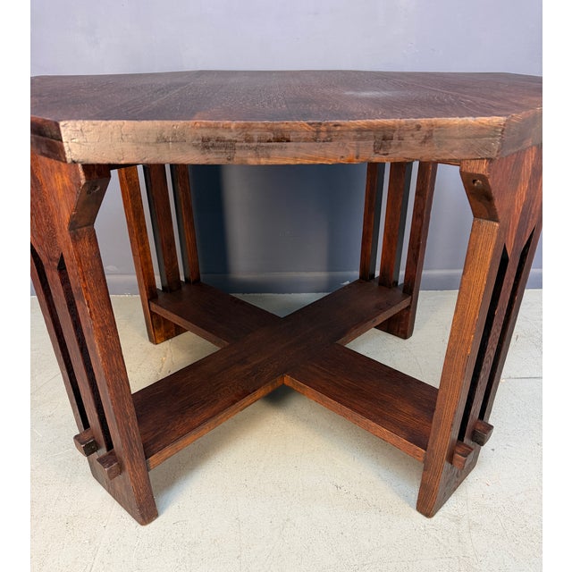 Wood Brooks Mission Oak Octagonal Center Hall Table — Arts & Crafts Slat-Sided For Sale - Image 7 of 12