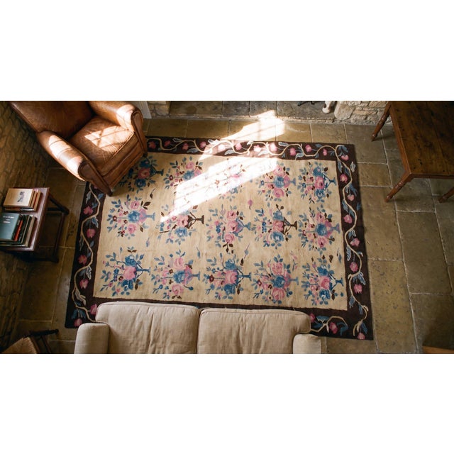 Pink 1890s Ivory Floral Antique European Besserabian Rug 4'7"x 6'7" Knotted Wool Carpet For Sale - Image 8 of 9