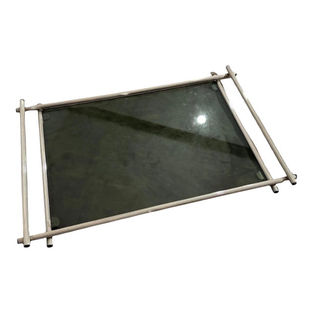 1970s Modern Silver Plated and Grey Glass Italian Serving Tray For Sale