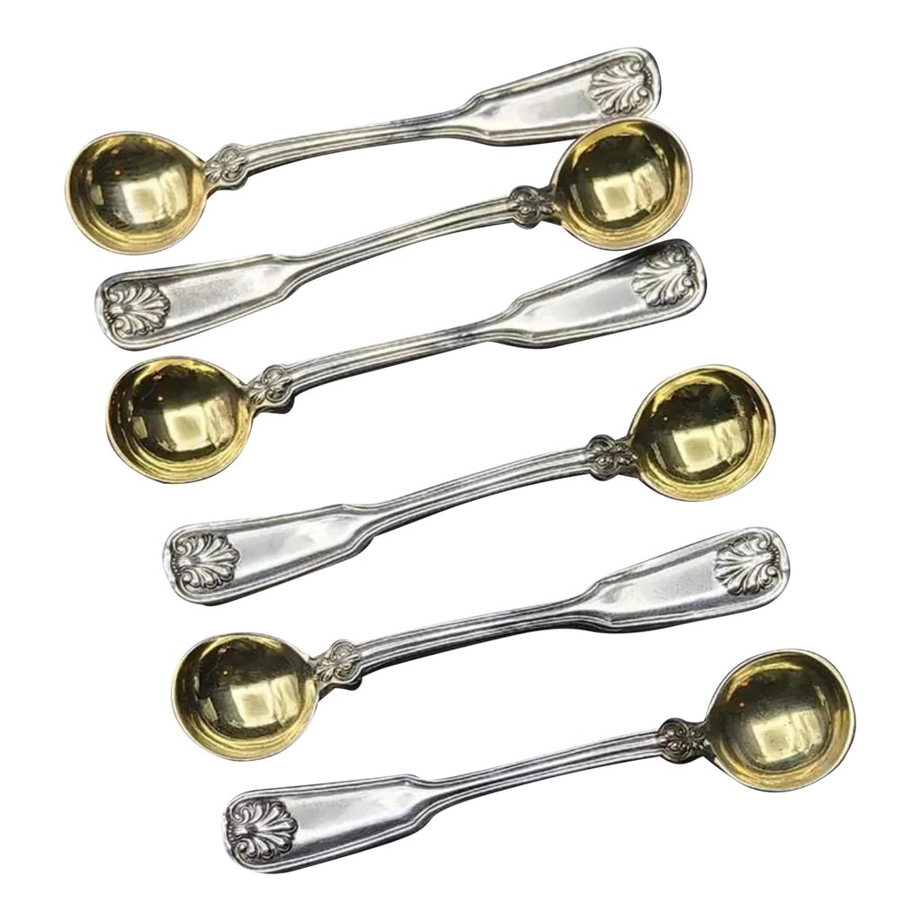 Set of 6 Antique Tiffany & Co Sterling Silver Salt Spoons in Shell 