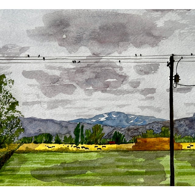 Original Watercolor Painting Rainy Day Hayfield For Sale