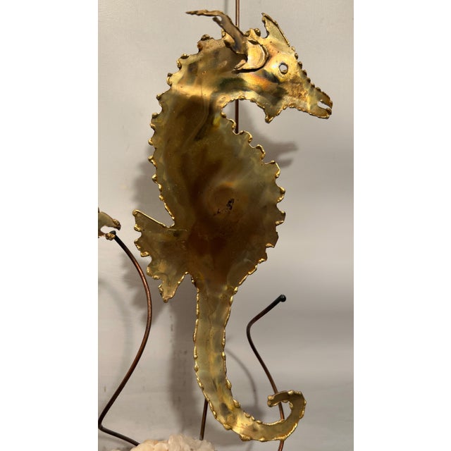 Vintage Brass Seahorse Sculpture on Quartz & Teak Base For Sale In Houston - Image 6 of 10