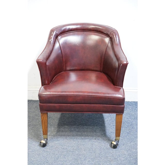 Traditional Hickory Leather Co. Burgundy Leather Upholstered Wheeled Club Game Chair For Sale - Image 3 of 10