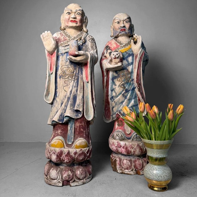 Large Polychrome Wooden Temple Figures on Lotus Bases, Korea, 19th Century, Set of 2 For Sale - Image 4 of 18