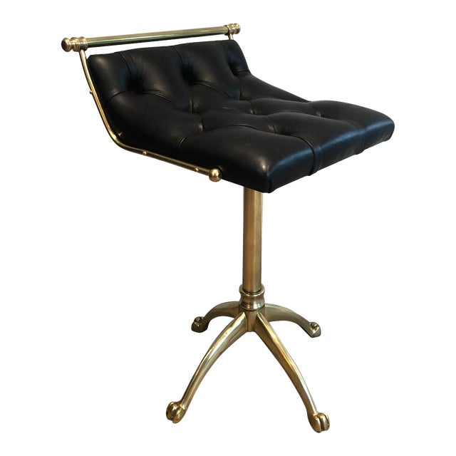 1940s Brass Stool with Claw Feet and Leather Seat For Sale