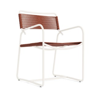 Brown Jordan Walter Lamb Aluminum Arm Chair in Chalk with Spice Strapping For Sale