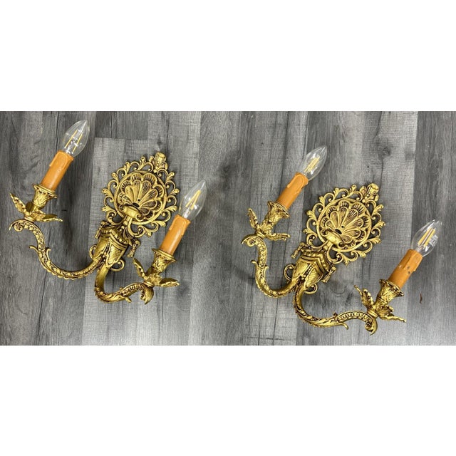 Rococo Vintage French Wall Lamps in Brass, Set of 2 For Sale - Image 3 of 15