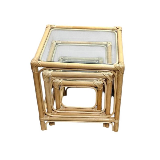 Bamboo Nesting Side Tables with Clear Glass Tops, 1970s, Set of 3 For Sale - Image 9 of 12