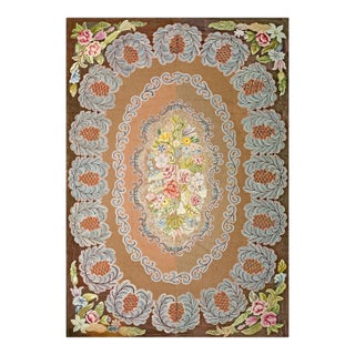 1930s Tan Camel Floral Medallion Antique American Hooked Rug 6'7" X 9'7" Handknotted Wool Carpet For Sale