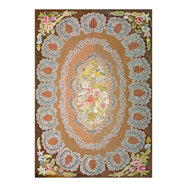 1930s Tan Camel Floral Medallion Antique American Hooked Rug 6'7" X 9'7" Handknotted Wool Carpet For Sale