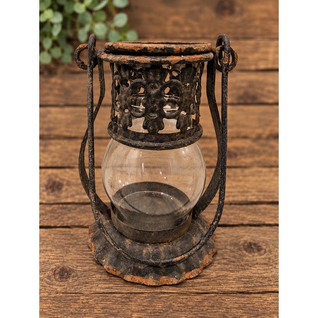 1920s Gothic Revival Pierced Iron and Glass Hanging Candle Lanterns, Pair For Sale - Image 9 of 10
