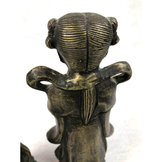 1920s 1920s Antique Chinese Brass Children Statues - a Pair For Sale - Image 5 of 11