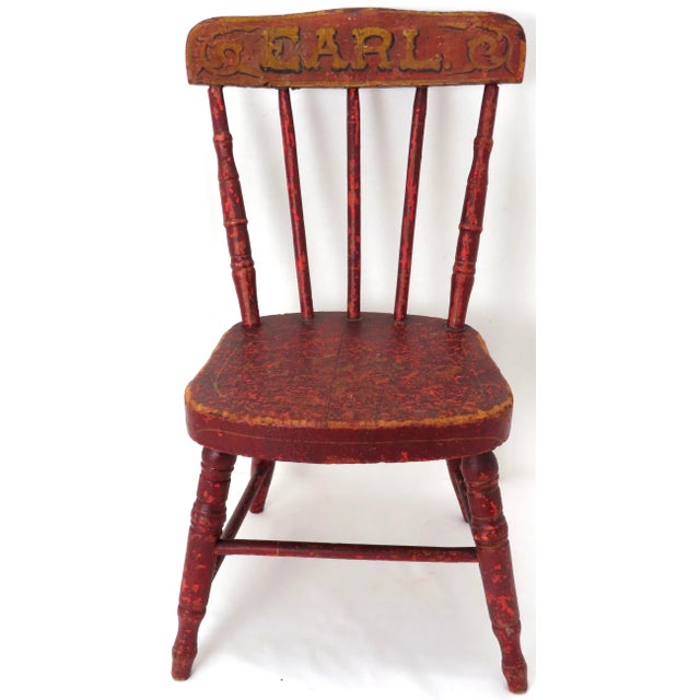Cute Mid 1800s Antique American Small Childs Chair for Earl - Nice Original Red Hand Painted Features For Sale - Image 13 of 13