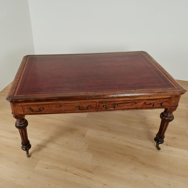 Brown Antique English Leather Top Partners Desk or Library Table For Sale - Image 8 of 16