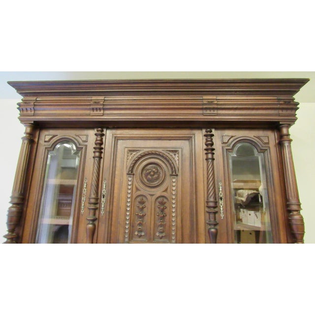 Early 20th Century Carved Antique English Two Piece Walnut Court Cupboard China Cabinet For Sale - Image 10 of 13