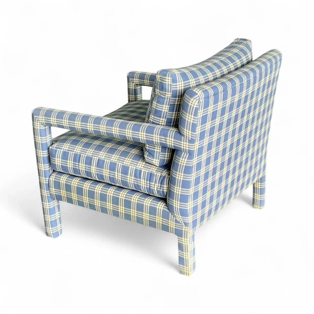 Modern Vintage Parsons Lounge Chair With Custom Blue Plaid Upholstery | Milo Baughman Style For Sale - Image 3 of 12