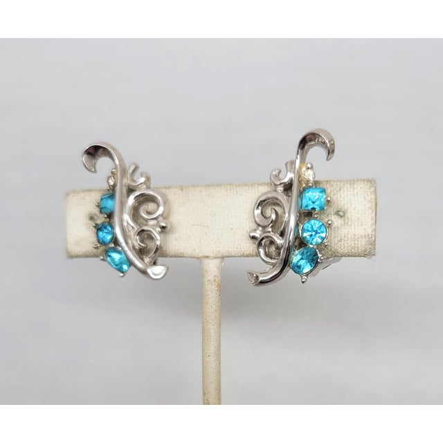 Blue Vintage 1950 Signed Crown Trifari Alfred Philippe Design Faux-Aquamarine Clip Earrings - 2 Pieces For Sale - Image 8 of 9