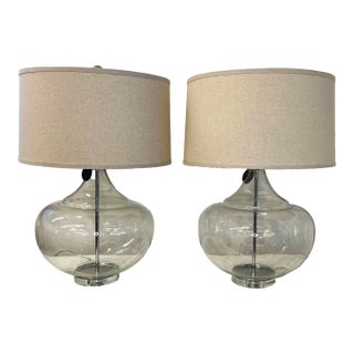 Clear Glass Table Lamps With Neutral Shade - a Pair For Sale