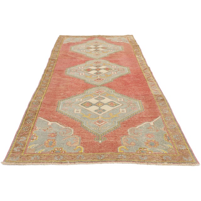 Tribal Vintage Red Turkish Oushak Rug Runner - 03'05 X 09'07 For Sale - Image 3 of 8