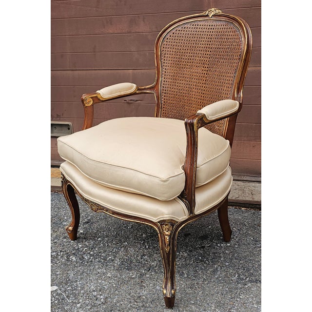 Cream Late 20th Century Pair Century Furniture Lpuis XV Style Walnut Cane Back and Upholstered Fauteuils For Sale - Image 8 of 12