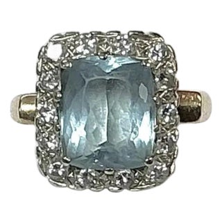 Aquamarine With Diamonds Ring 14k Yellow Gold For Sale