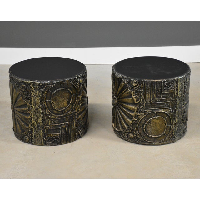A pair of mid century modern brutalist black top end tables designed by Adrian Pearsall for Craft Associates. Some...
