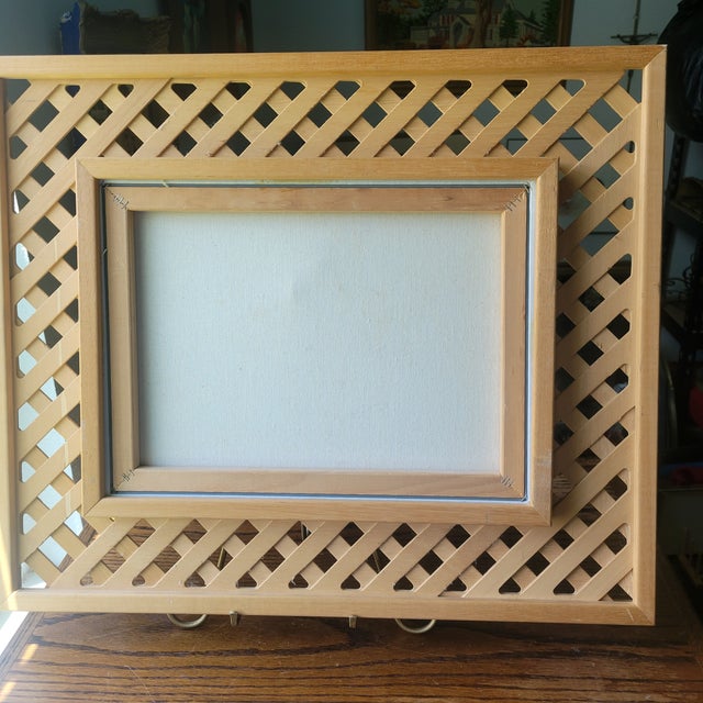 Blue Vintage Raw Wood Lattice Framed Floral Oil Painting by L. Tunnell Ooak Cottage For Sale - Image 8 of 18