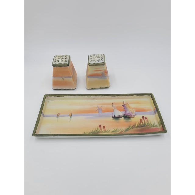 Coastal Antique Hand-Painted Nippon Porcelain Sailboat Scenic Salt & Pepper Set With Tray - 3 Pieces For Sale - Image 3 of 12