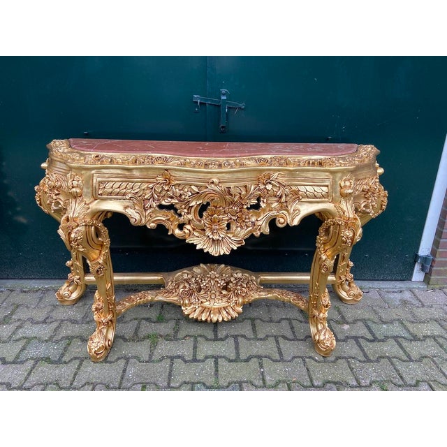 Rococo 1970s Baroque Rococo Gilded Beech Console Table & Mirror Set W/ Marble For Sale - Image 3 of 12