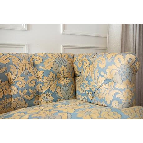 Cornflower Blue Vintage Damask Traditional Tufted Rolled-Arm Sofa With Fringe Skirt For Sale - Image 8 of 18