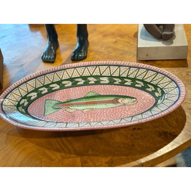 Classic Hand-Painted Serving Platter With a Fish Motif, 18” X 11”, Signed For Sale - Image 6 of 6