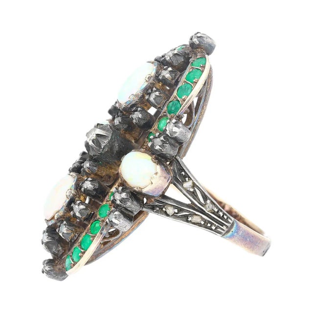 Victorian Antique Victorian Era 1800s Opal, Emerald, Diamond Ring in Gold and Silver Size 6 For Sale - Image 3 of 6