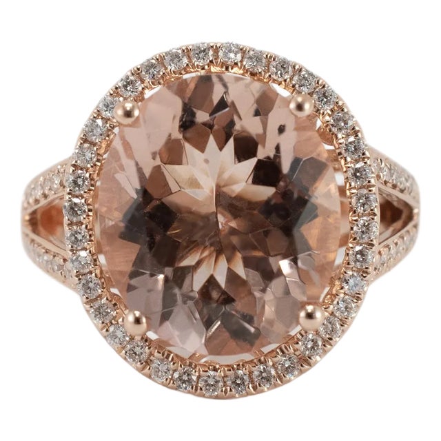14k Rose Gold 7.38ct Morganite Halo Accented Diamond Cocktail Ring, Size 7 For Sale