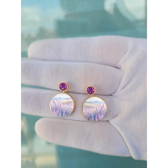 Not Yet Made - Made To Order Mother of Pearl Shell Stud Earrings With Amethyst and Lavender Fields Painting, A Pair For Sale - Image 5 of 6