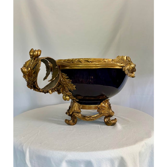 French Vintage French Sèvres Style Cobalt Porcelain & Ormolu Centerpiece Bowl | Louis XV Revival For Sale - Image 3 of 10