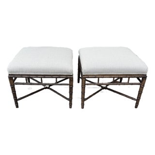Pair of Upholstered Ottomans With Faux Bamboo Frames For Sale