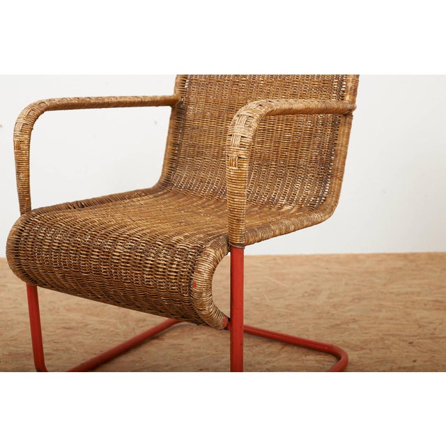 Side Table with Armchairs in Red Lacquered Tubular Steel, 1920s, Set of 3 For Sale - Image 11 of 18
