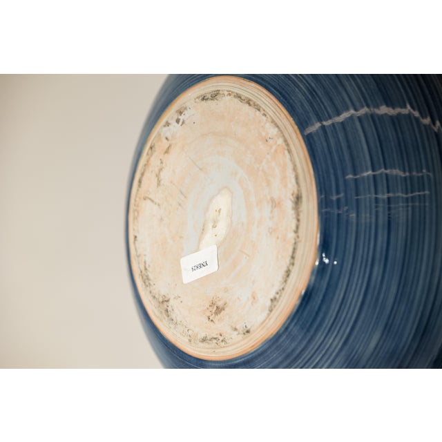 Artisan Blue-Glazed Ceramic Vase with Ribbed Surface and Tapering Form For Sale - Image 13 of 18