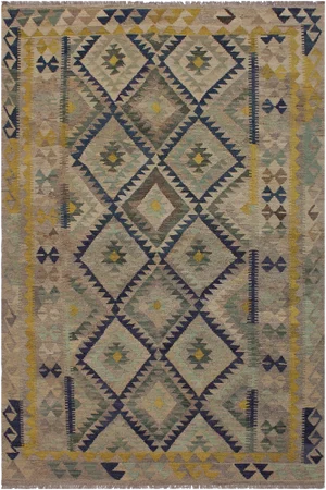Bohemian Kilim Gray/Gold Hand-Woven Wool Rug -5'11 X 8'1