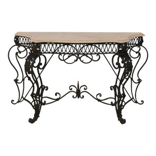 French Style Iron Base Console Table W. Marble Top For Sale