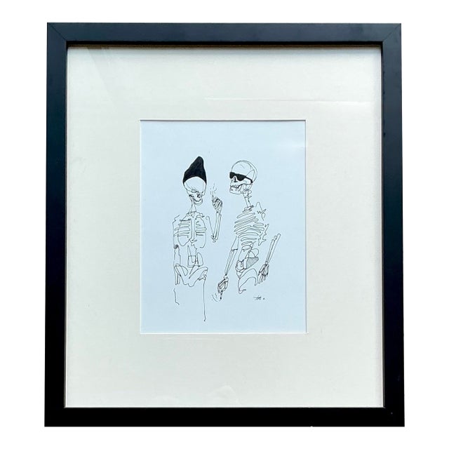 Vintage Boho Original Ink Sketch of Skeletons on Paper For Sale