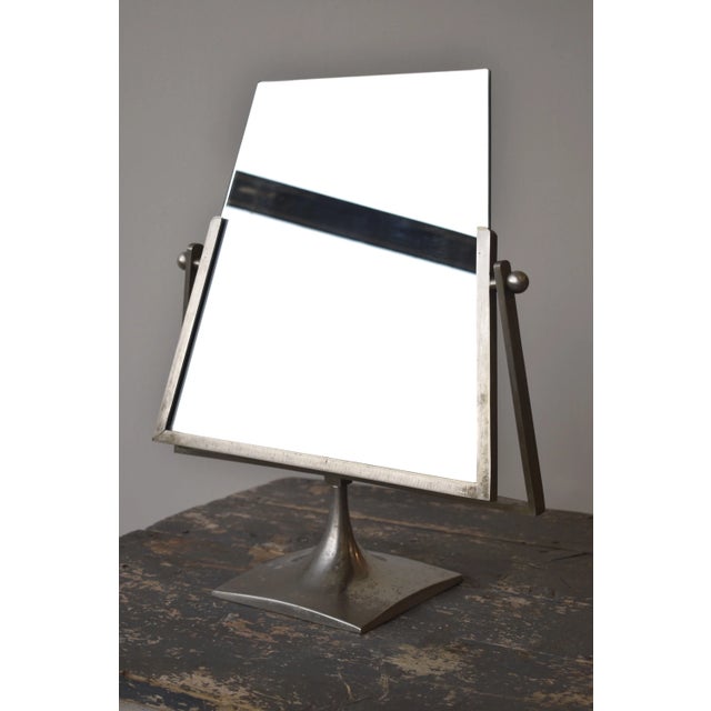 Mid-Century Modern Vintage Modernist Vanity Mirror With Angular Brushed Steel Frame and Trumpeted Base, Circa 1950s-60s For Sale - Image 3 of 13