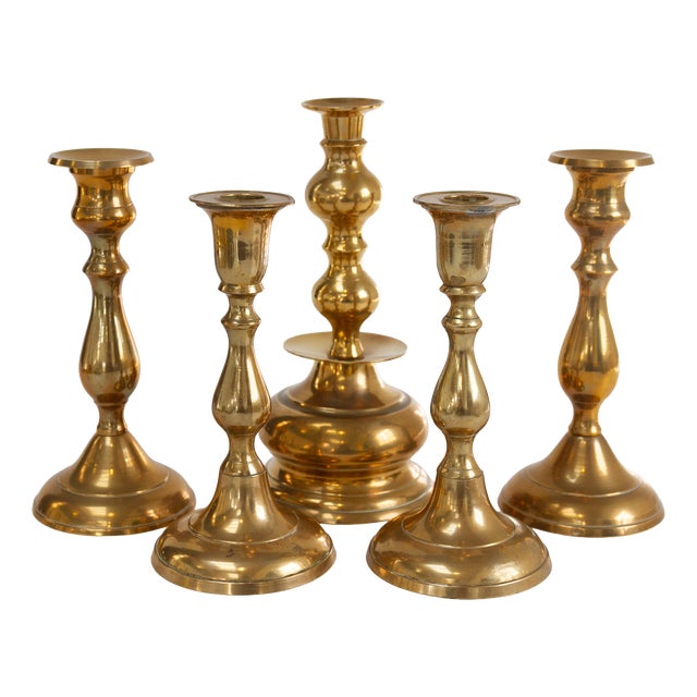 Vintage Danish Brass Candlesticks, 1950s, Set of 5 For Sale