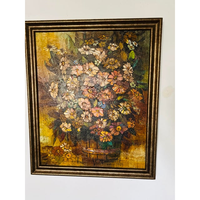 1960s Midcentury Signed Pallet Knife Oil Painting Still Life of Flowers, Framed For Sale In Naples, FL - Image 6 of 6