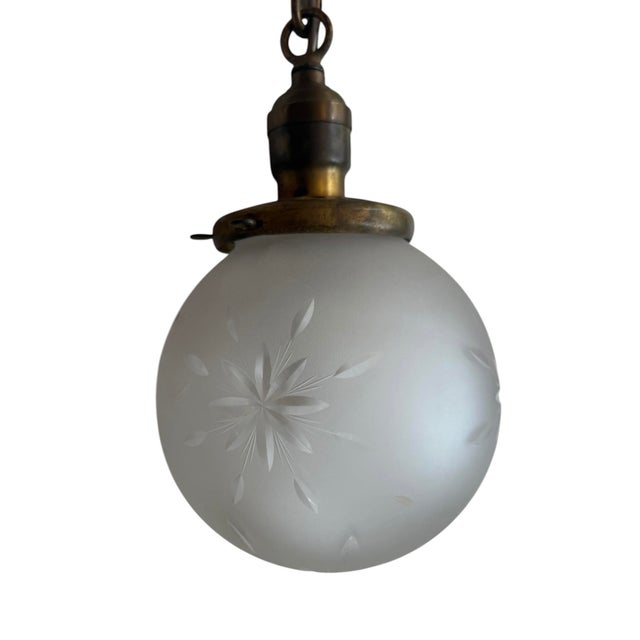 Brass 1920s Frosted Glass Starburst Globe Hanging Light Fixture For Sale - Image 8 of 8