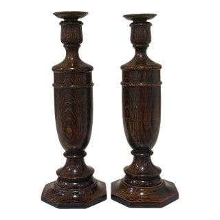 Antique English Oak Turned Candlesticks With Brass Candle Cups - A Pair For Sale